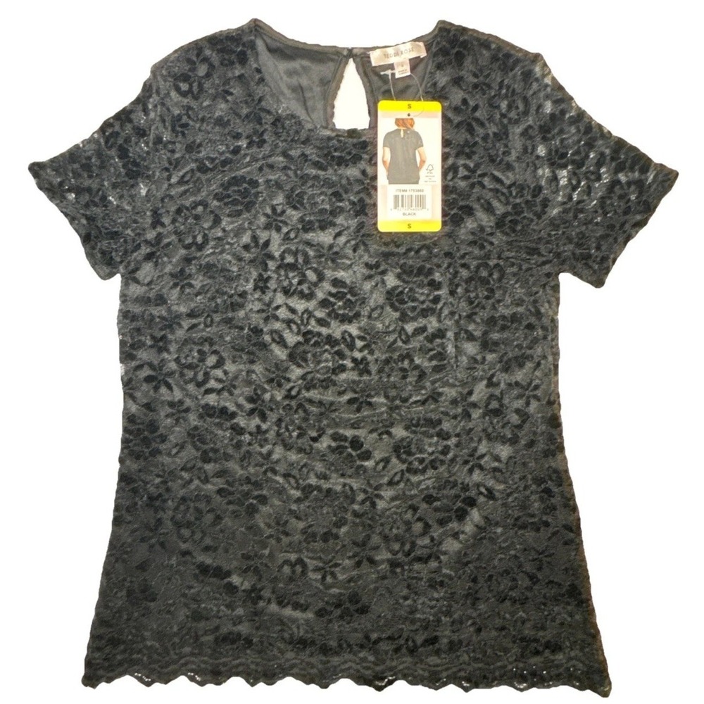 Floral Lace Teddi Rose Short Sleeve Blouse Keyhole Back Scalloped Hem Black S